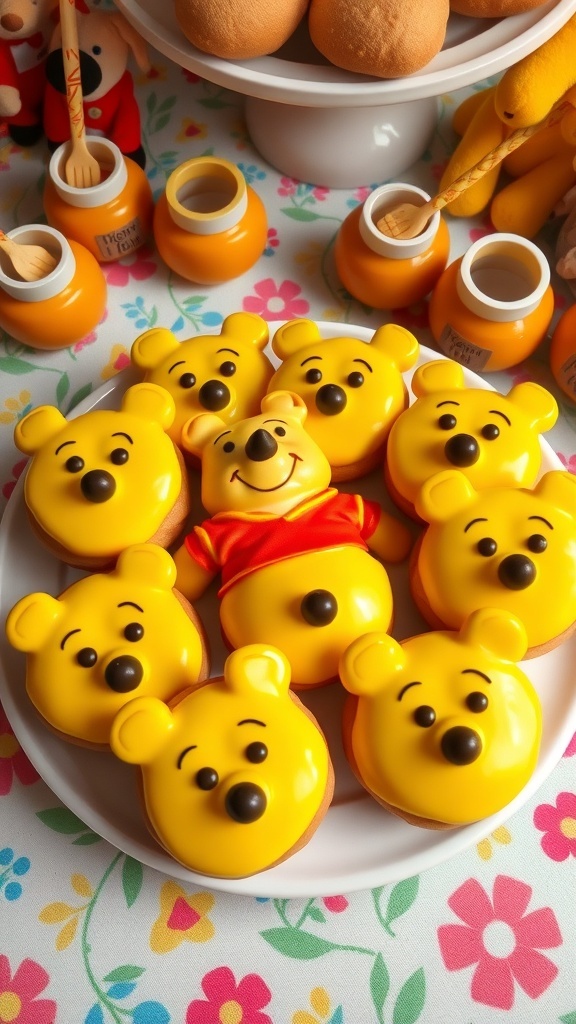 Winnie the Pooh Bear donuts decorated with yellow icing, chocolate chip eyes, and red icing shirt on a colorful table.